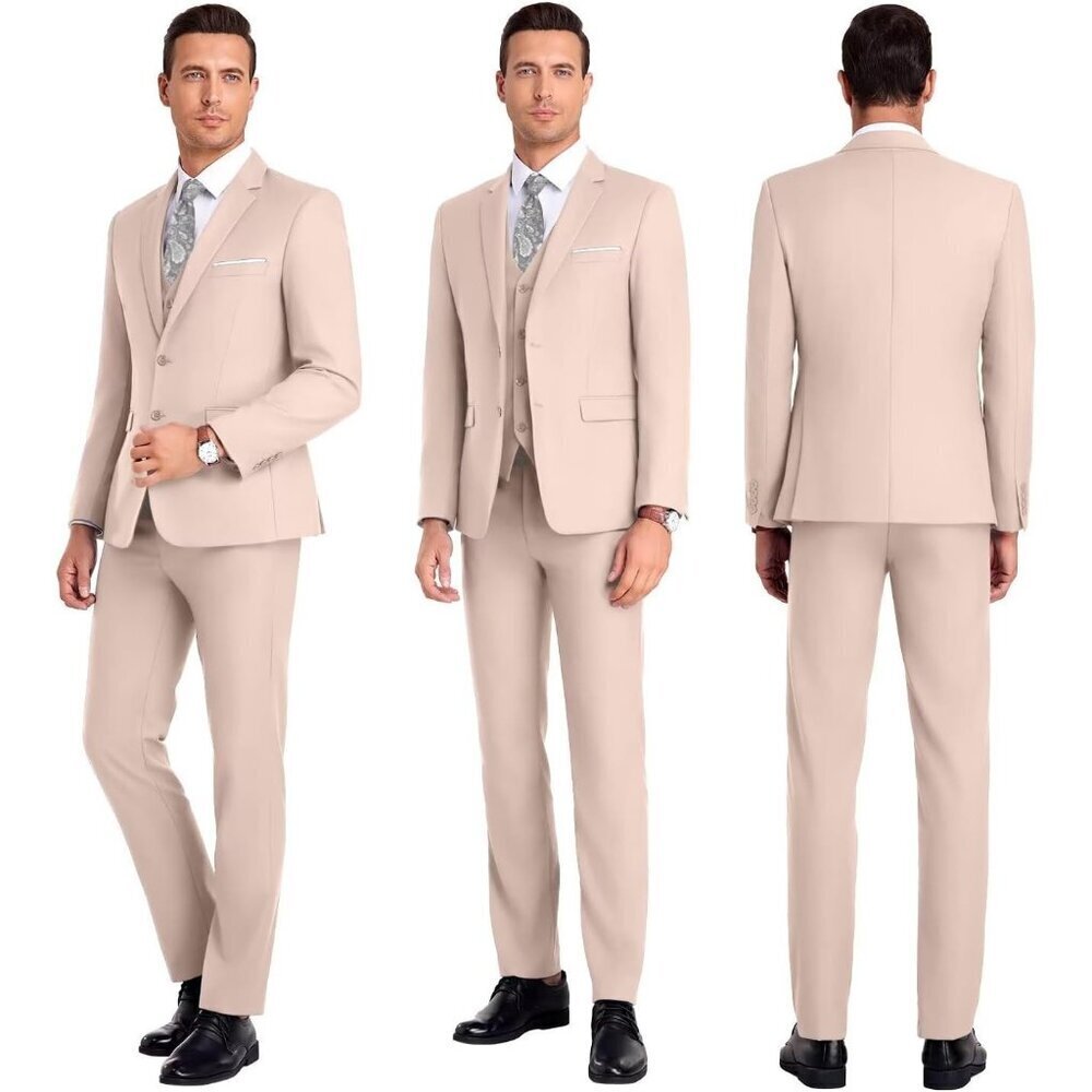 Men's Notched Lapel Flesh Pink Groomsmen Slim Fit 3 Pieces Suit for Wedding - Picture 3 of 5